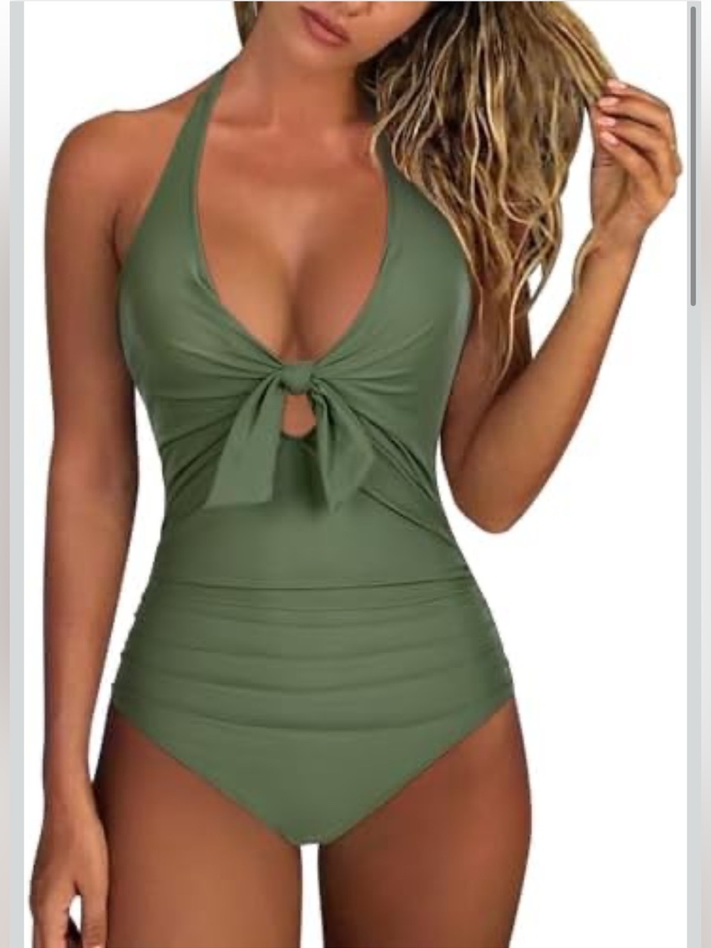 Olive Green Tie-Front Ruching One-Piece Halter Swimsuit Size XL